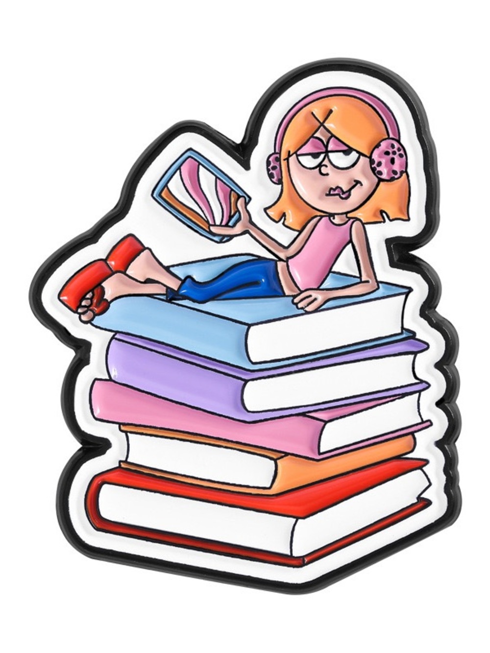 Book Lover Enamel Pin – Girl Reading on Stack of Books Reader Librarian Lapel
